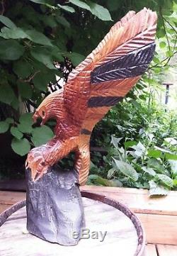 VTG Hand Carved Solid Wood Eagle Flight Rustic Sculpture Talons Gripping Log