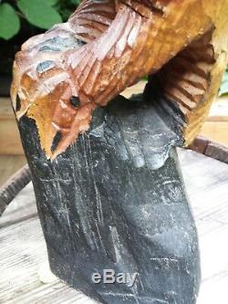 VTG Hand Carved Solid Wood Eagle Flight Rustic Sculpture Talons Gripping Log