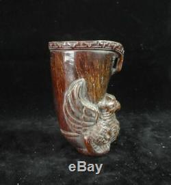 Very Rare Old Chinese Ox Horn Hand Carving Vivid Eagle Glass Cup
