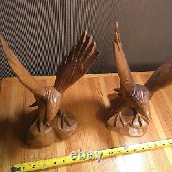 Vintage 70s Hand Carved Eagle Ready For Flight From Single Wood Chunk 14 pair
