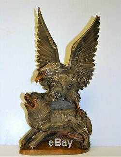 Vintage Black Forest Eagle Attacking Wolf Sculpture Hand Carved Wood Figure 14in