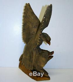 Vintage Black Forest Sculpture Hand Carved Wood Eagle & Wolf Wooden Figure 14in