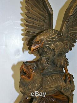 Vintage Black Forest Sculpture Hand Carved Wood Eagle & Wolf Wooden Figure 14in