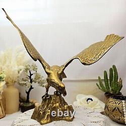 Vintage Brass Eagle On Rocks Sculpture Handcarved