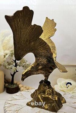 Vintage Brass Eagle On Rocks Sculpture Handcarved
