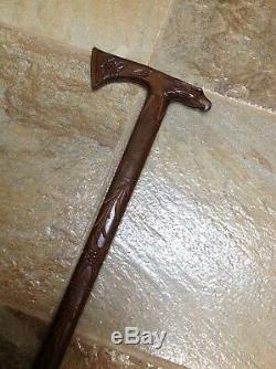 Vintage Cane Walking Stick With Hand Carved Eagle & Tomahawk Handle & Shaft @34