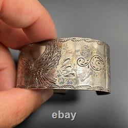 Vintage Eagle Hand Carved Stamped Sterling Silver Cuff Bracelet 6-3/4