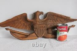 Vintage Hand-Carved American Eagle On Great Seal Hanging Plaque 22 Pine AAFA
