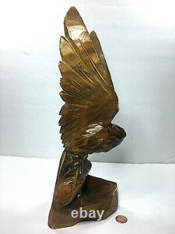 Vintage Hand Carved Folk Art Wooden Eagle Sculpture Spread Wings Brown 12.5 H
