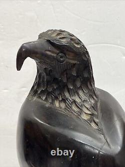 Vintage Hand Carved Large Heavy Ironwood Wooden American Eagle Falcon Sculpture