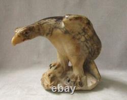 Vintage Hand Carved Marble Eagle Sculpture with Prey Stone Bird Glass Eyes OOAK