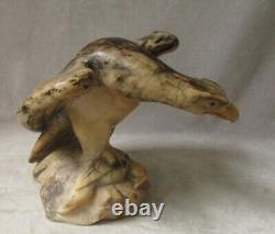 Vintage Hand Carved Marble Eagle Sculpture with Prey Stone Bird Glass Eyes OOAK