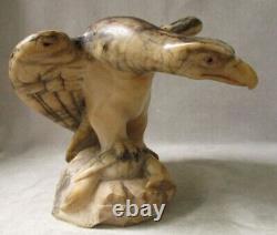 Vintage Hand Carved Marble Eagle Sculpture with Prey Stone Bird Glass Eyes OOAK