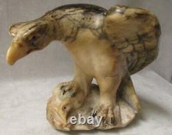 Vintage Hand Carved Marble Eagle Sculpture with Prey Stone Bird Glass Eyes OOAK