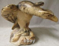 Vintage Hand Carved Marble Eagle Sculpture with Prey Stone Bird Glass Eyes OOAK