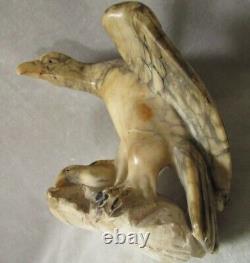 Vintage Hand Carved Marble Eagle Sculpture with Prey Stone Bird Glass Eyes OOAK