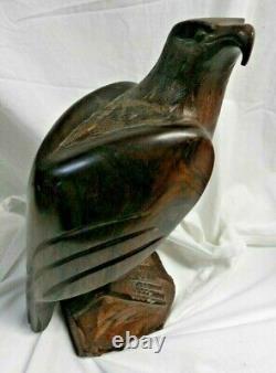 Vintage Hand Carved SOLID WALNUT Wood, Eagle Sculpture 12 Statue, LARGE & HEAVY