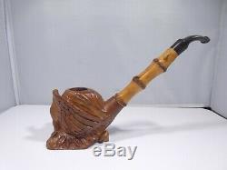 Vintage Hand Carved Tobacco Wood Pipe Of An Eagle With Bamboo Stem
