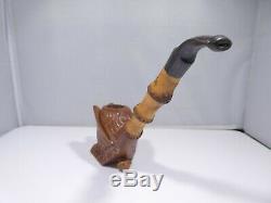 Vintage Hand Carved Tobacco Wood Pipe Of An Eagle With Bamboo Stem