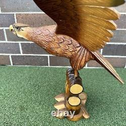 Vintage Hand Carved Wood Eagle Hawk Large Sculpture Signed