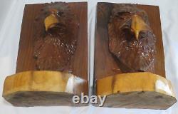 Vintage Hand Carved Wood Eagle Head Bookends Tramp Art One of a Kind Large