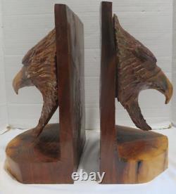 Vintage Hand Carved Wood Eagle Head Bookends Tramp Art One of a Kind Large
