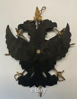 Vintage Hand Carved Wood Metal Coat Of Arms Crest Plaque Double Headed Eagle