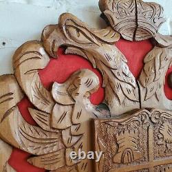 Vintage Hand Carved Wood Spain Coat of Arms Castile Leon Eagle Folk Art 22x19