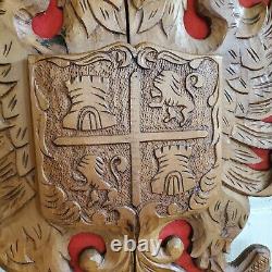 Vintage Hand Carved Wood Spain Coat of Arms Castile Leon Eagle Folk Art 22x19