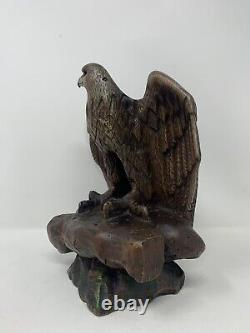 Vintage Hand Carved Wooden 9-1/2 Tall EAGLE Bird Statue Sculpture