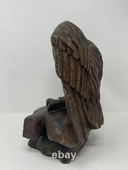 Vintage Hand Carved Wooden 9-1/2 Tall EAGLE Bird Statue Sculpture