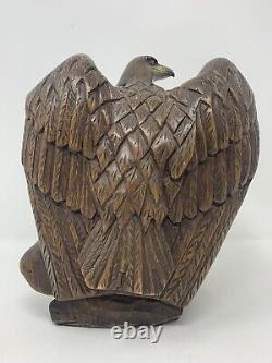 Vintage Hand Carved Wooden 9-1/2 Tall EAGLE Bird Statue Sculpture