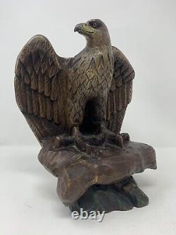 Vintage Hand Carved Wooden 9-1/2 Tall EAGLE Bird Statue Sculpture