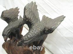 Vintage Hand Carved Wooden Bald Eagle Pair Bird Figure Sculpture Wood Carving
