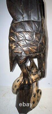 Vintage Hand Carved Wooden Eagle Attacking Snake Wooden Carving Large 23.5