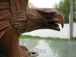 Vintage Hand Carved Wooden Eagle Falcon Wings Out Stands 12 1/2 Inches Tall