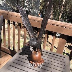 Vintage Hand Carved Wooden Eagle Statue Wings Stretched Nice Detail 1 OF 2