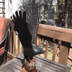 Vintage Hand Carved Wooden Eagle Statue Wings Stretched Nice Detail 1 OF 2