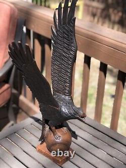 Vintage Hand Carved Wooden Eagle Statue Wings Stretched Nice Detail 1 OF 2