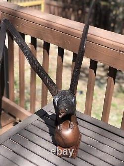 Vintage Hand Carved Wooden Eagle Statue Wings Stretched Nice Detail 1 OF 2