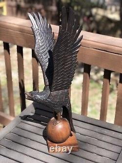 Vintage Hand Carved Wooden Eagle Statue Wings Stretched Nice Detail 1 OF 2