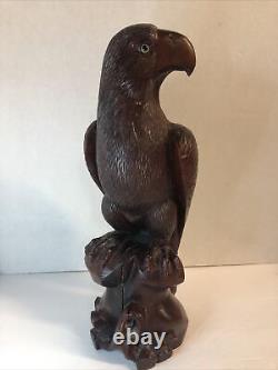 Vintage Hand Carved teak Oriental Hawk Falcon Eagle Statue Figure glass eyes