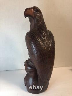 Vintage Hand Carved teak Oriental Hawk Falcon Eagle Statue Figure glass eyes