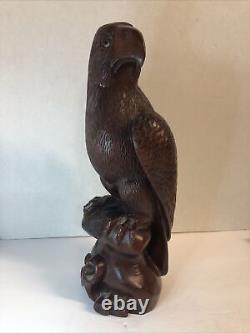 Vintage Hand Carved teak Oriental Hawk Falcon Eagle Statue Figure glass eyes