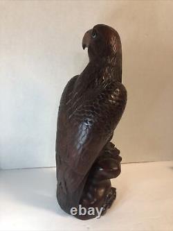 Vintage Hand Carved teak Oriental Hawk Falcon Eagle Statue Figure glass eyes