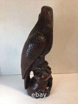 Vintage Hand Carved teak Oriental Hawk Falcon Eagle Statue Figure glass eyes