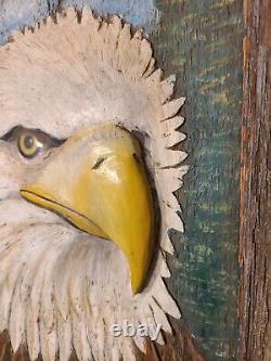 Vintage Hand carved Wood Sculptured Painting, Bald Eagle, Folk Art, Decorative