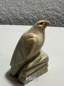 Vintage Inuit Signed Bald Eagle Hand Carved Serpentine Stone Figure Sculpture