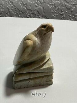 Vintage Inuit Signed Bald Eagle Hand Carved Serpentine Stone Figure Sculpture