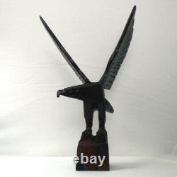 Vintage Large Signed Hand Carved Mahogany Wood Open Wings Eagle Sculpt/Figurine